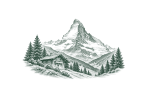 Szczyt Matterhorn nad alpejską doliną, rycina